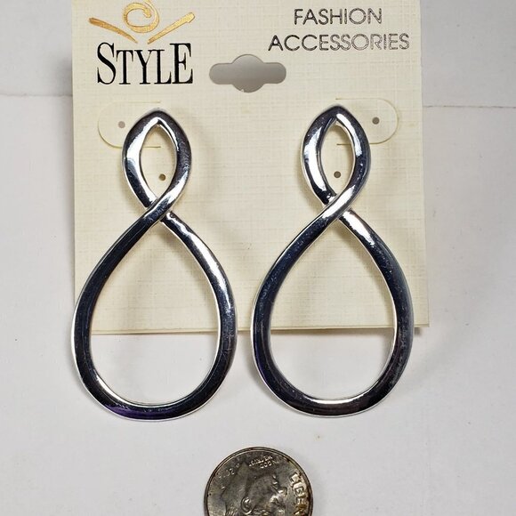 Silver-Tone Sculptural Teardrop Open Loop Earrings Bold Modern Statement Jewelry - Picture 6 of 7